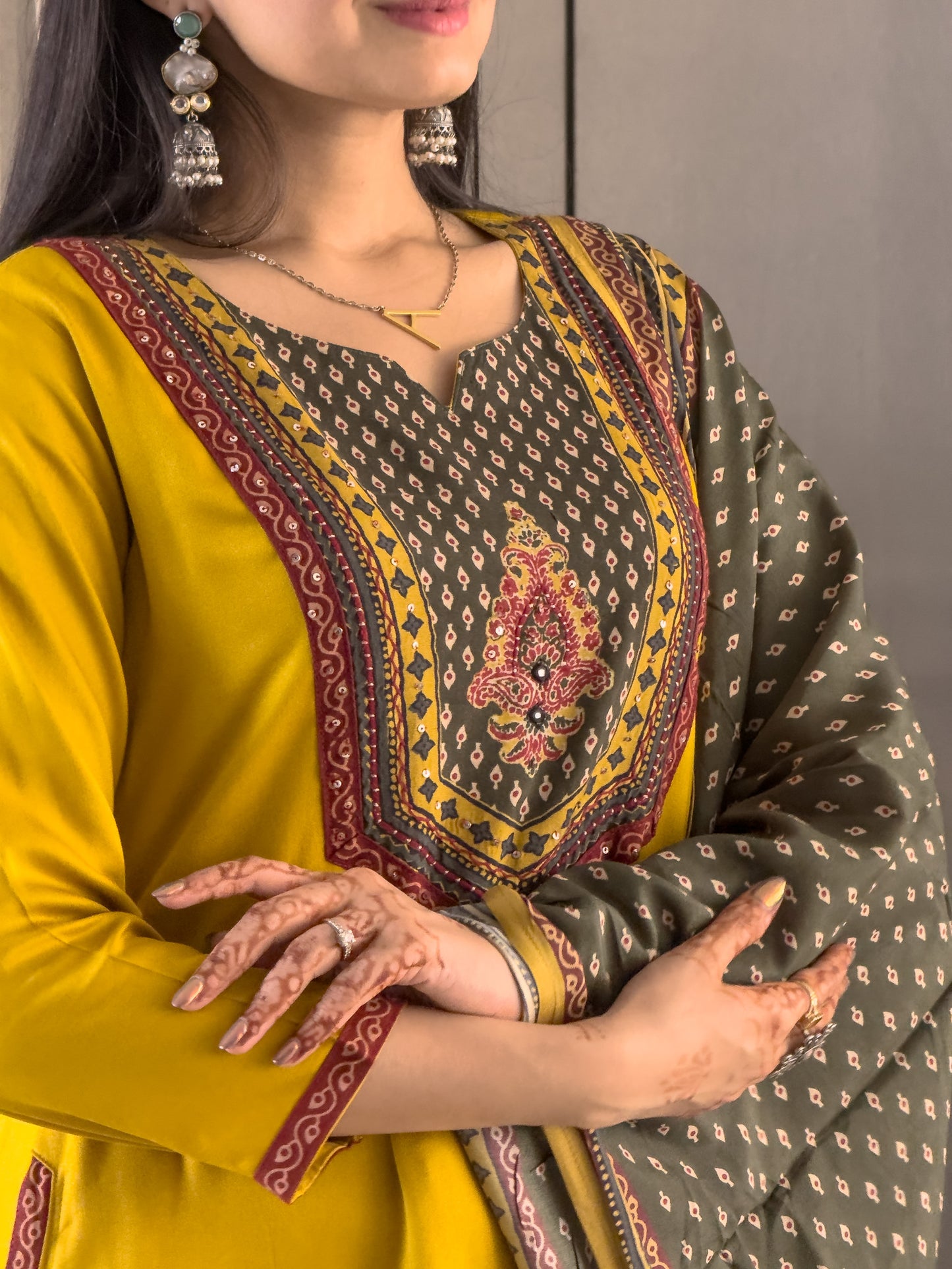 Yellow Gaji Silk A-line Kurta Pant Set with Dupatta
