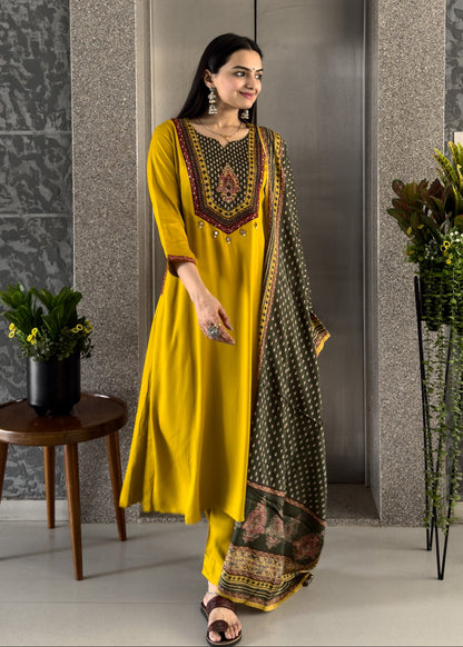 Yellow Gaji Silk A-line Kurta Pant Set with Dupatta