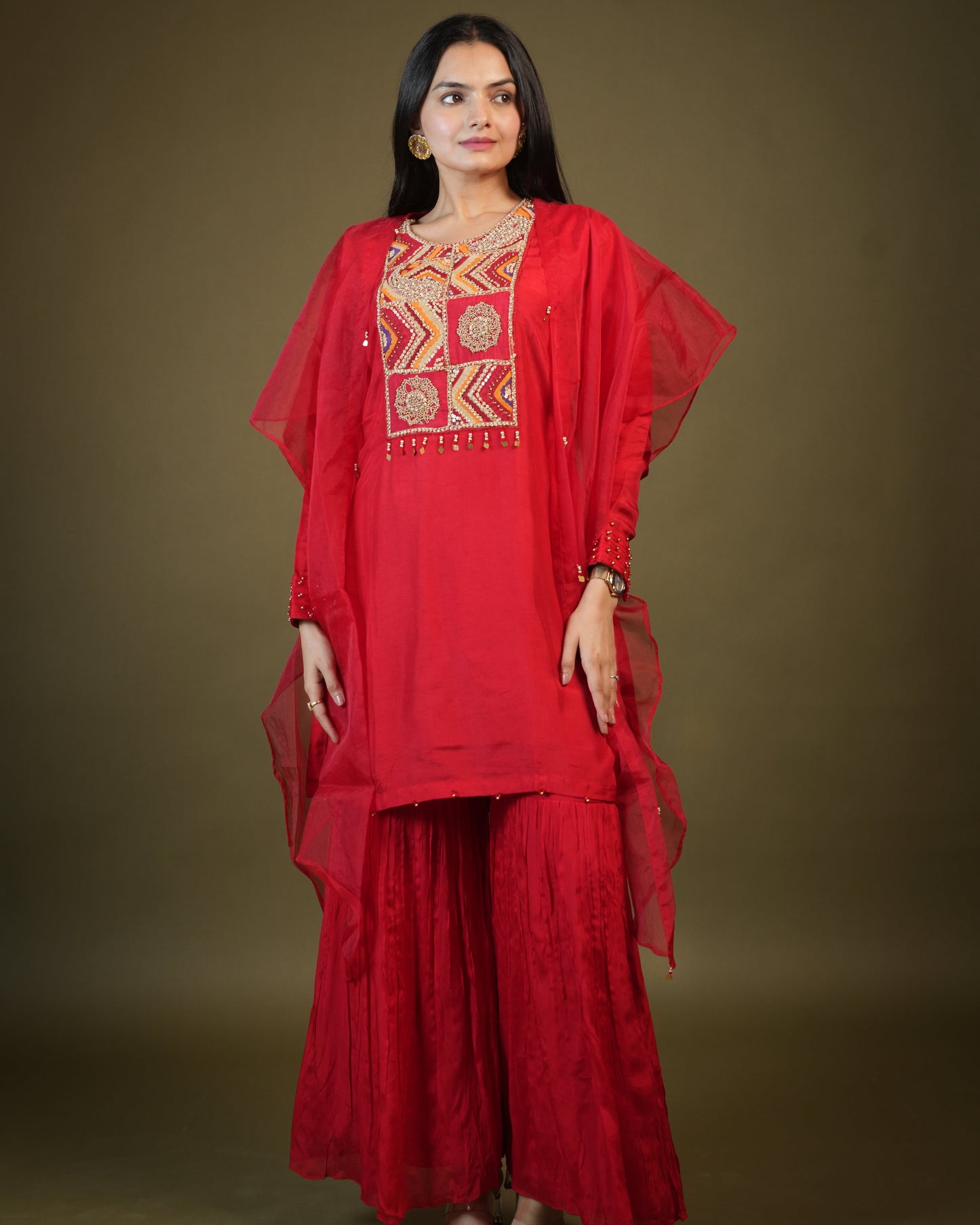 Red Viscose Top and Sharara with Organza Cape