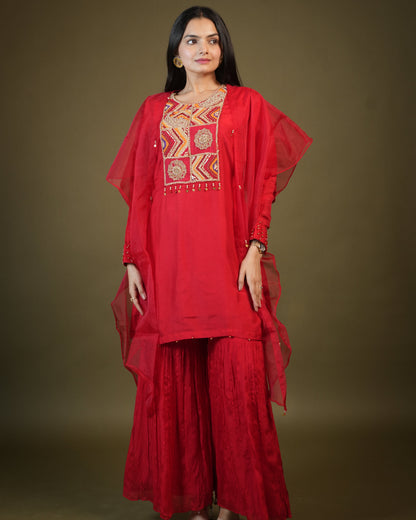 Red Viscose Top and Sharara with Organza Cape