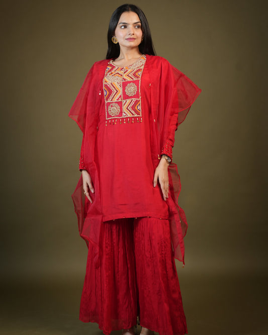 Red Viscose Top and Sharara with Organza Cape