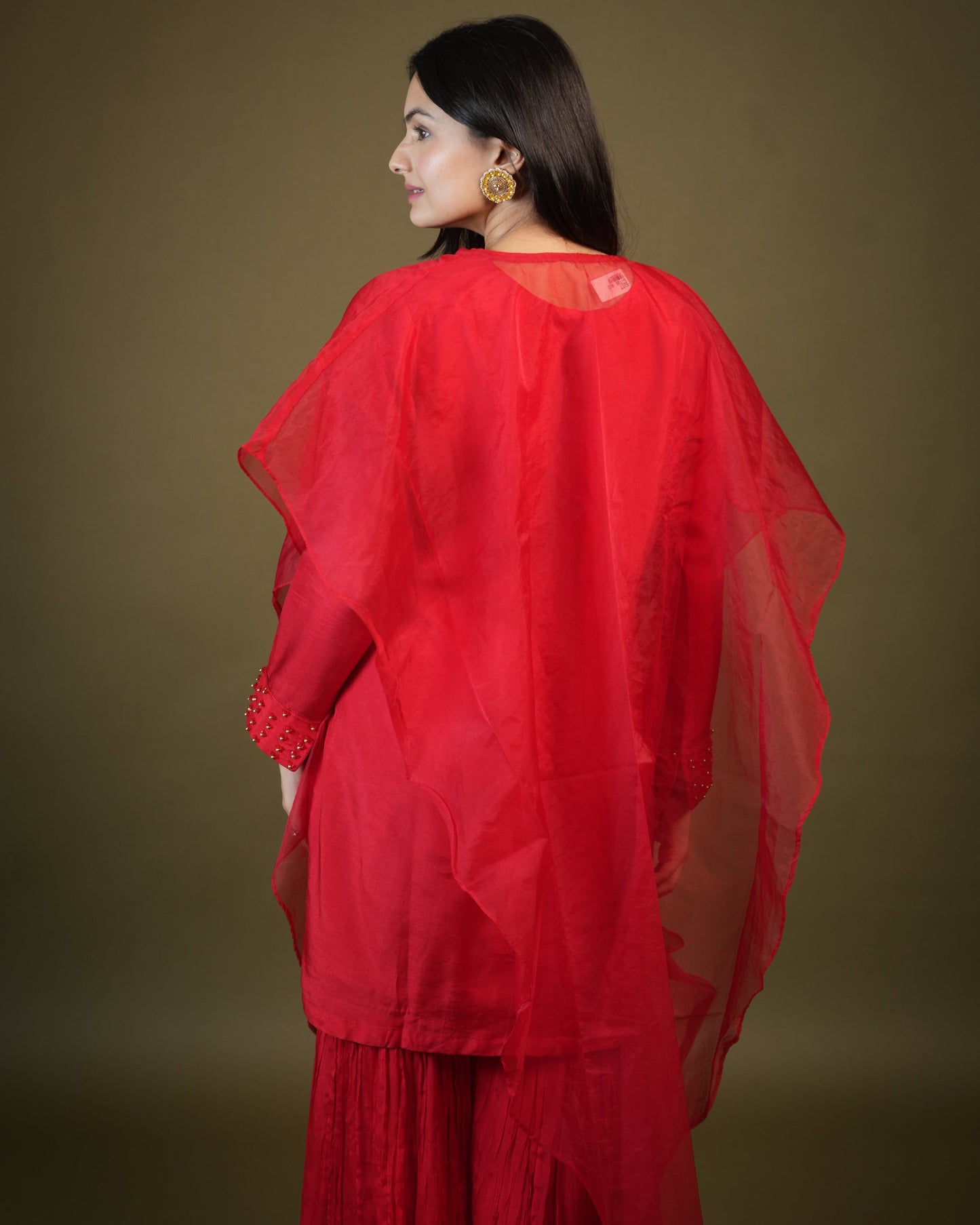 Red Viscose Top and Sharara with Organza Cape