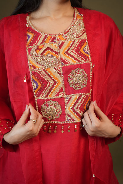 Red Viscose Top and Sharara with Organza Cape