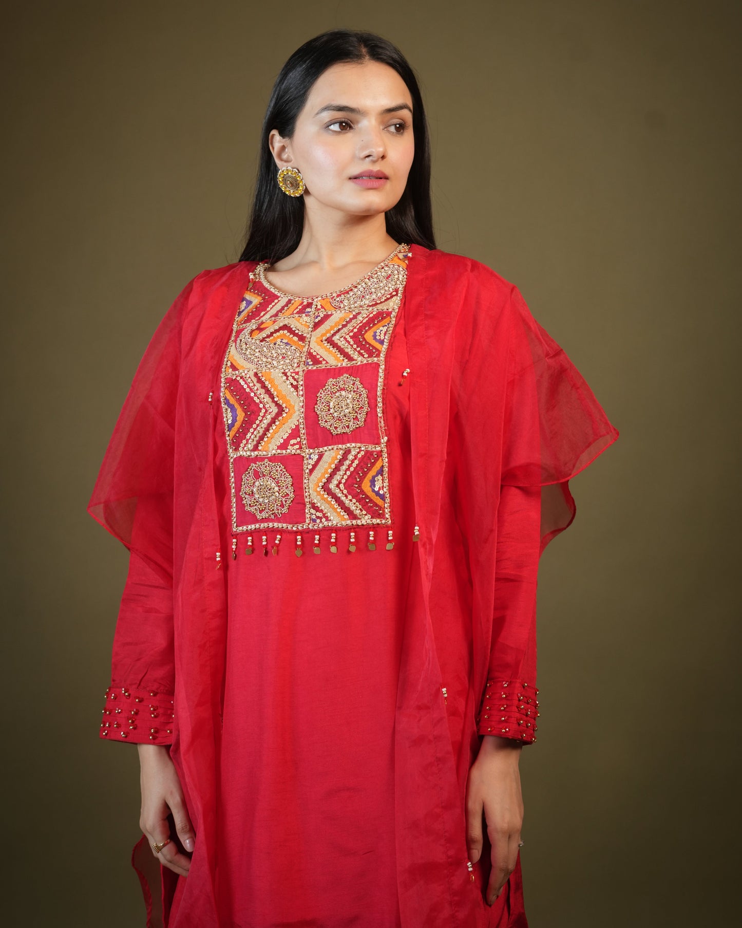 Red Viscose Top and Sharara with Organza Cape