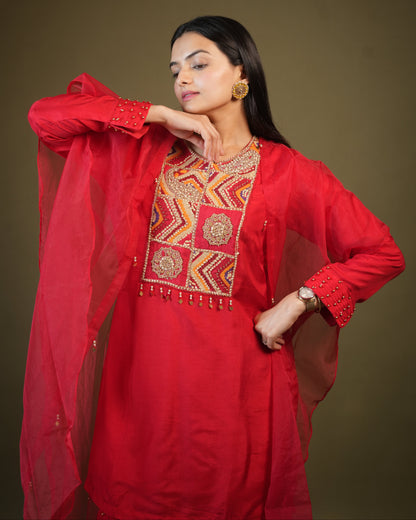 Red Viscose Top and Sharara with Organza Cape