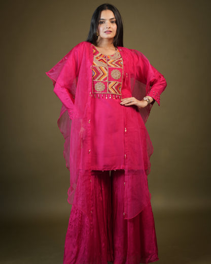 Pink Viscose Top and Sharara with Organza Cape