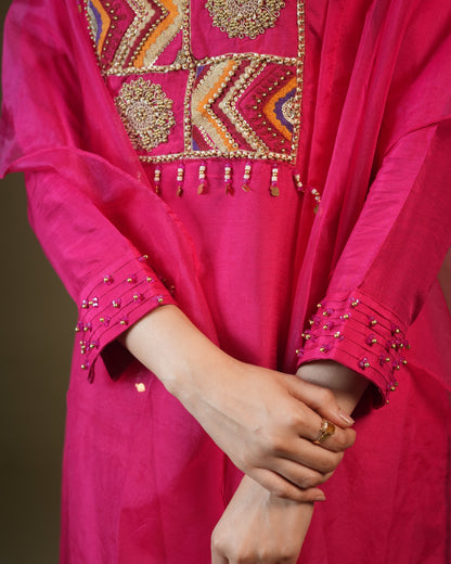 Pink Viscose Top and Sharara with Organza Cape