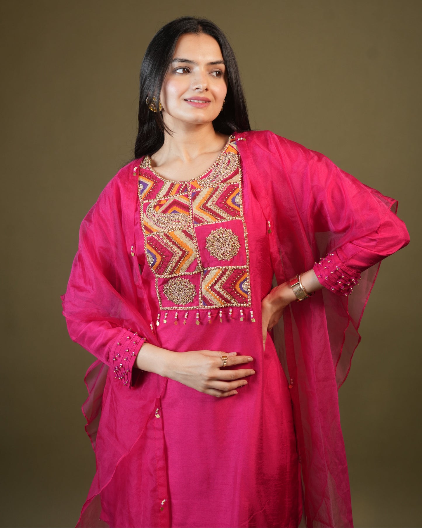 Pink Viscose Top and Sharara with Organza Cape