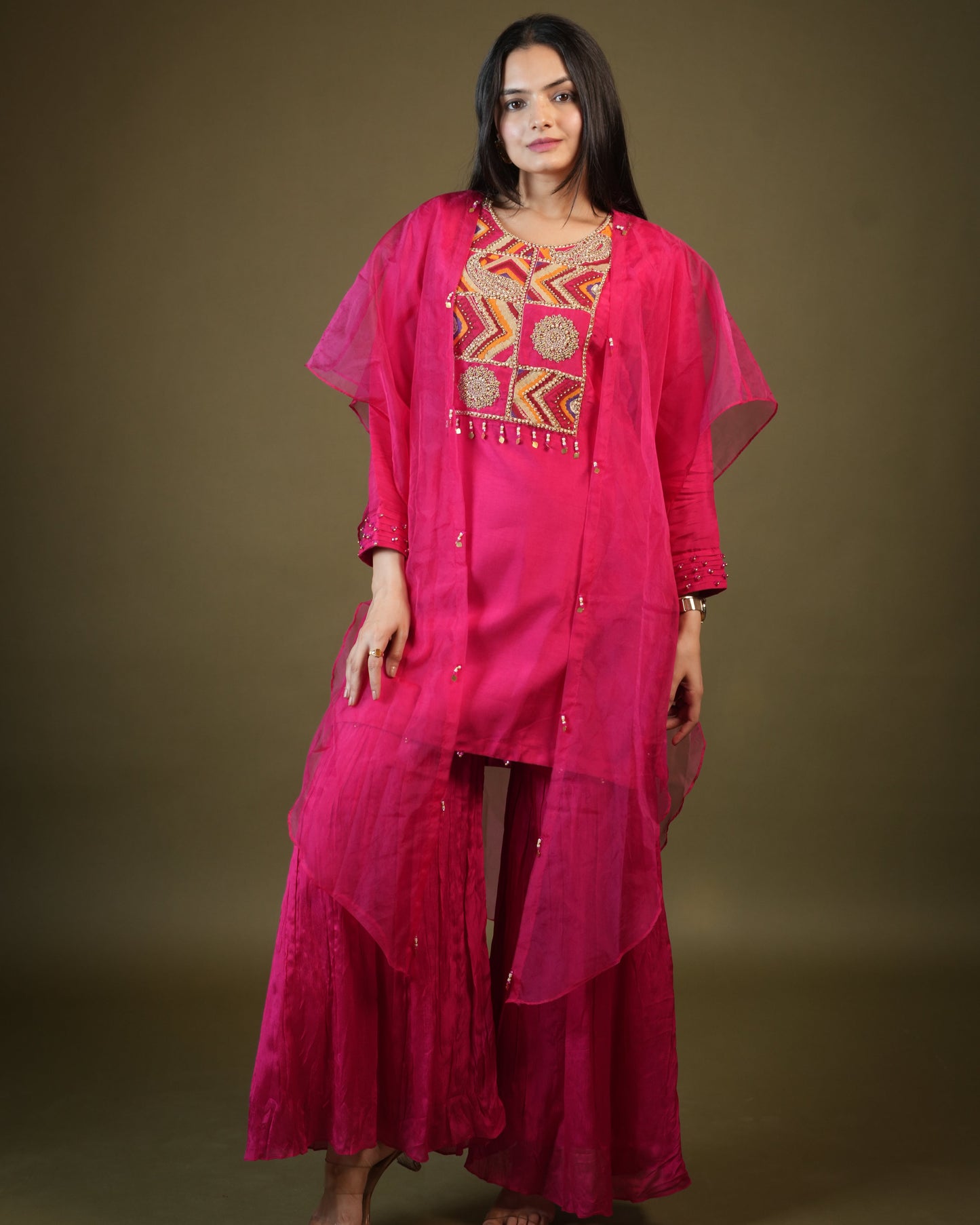 Pink Viscose Top and Sharara with Organza Cape