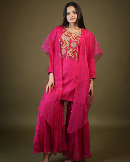 Pink Viscose Top and Sharara with Organza Cape