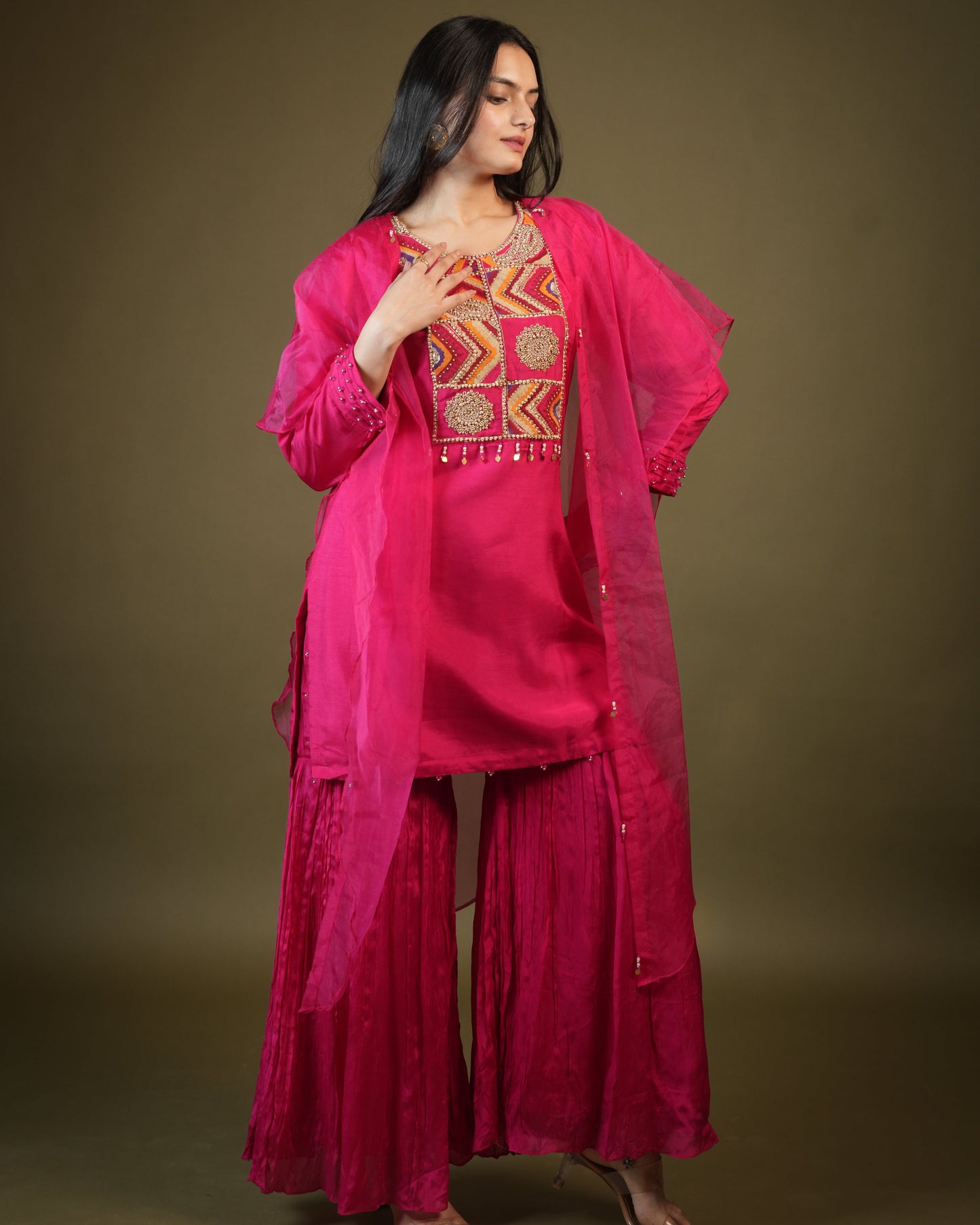 Pink Viscose Top and Sharara with Organza Cape