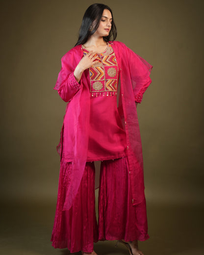 Pink Viscose Top and Sharara with Organza Cape