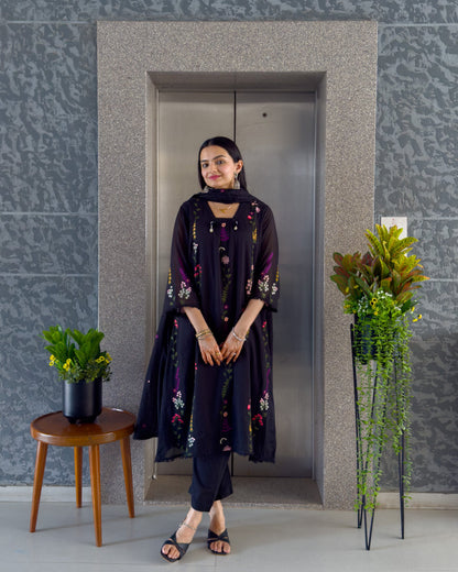 Black Mal Cotton Kurta Pant Set with Dupatta