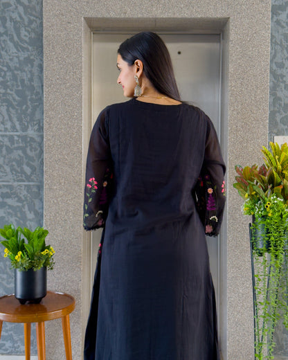 Black Mal Cotton Kurta Pant Set with Dupatta