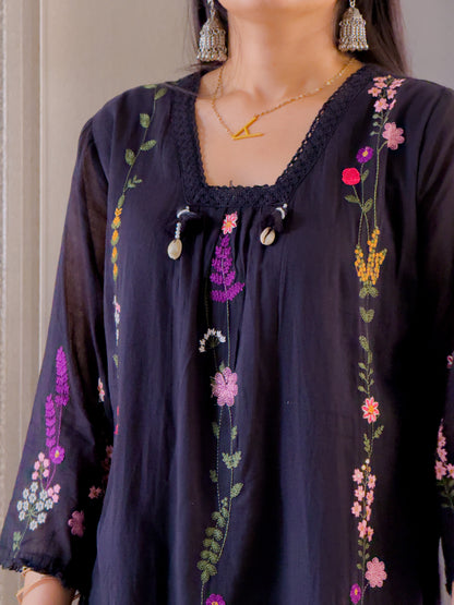 Black Mal Cotton Kurta Pant Set with Dupatta