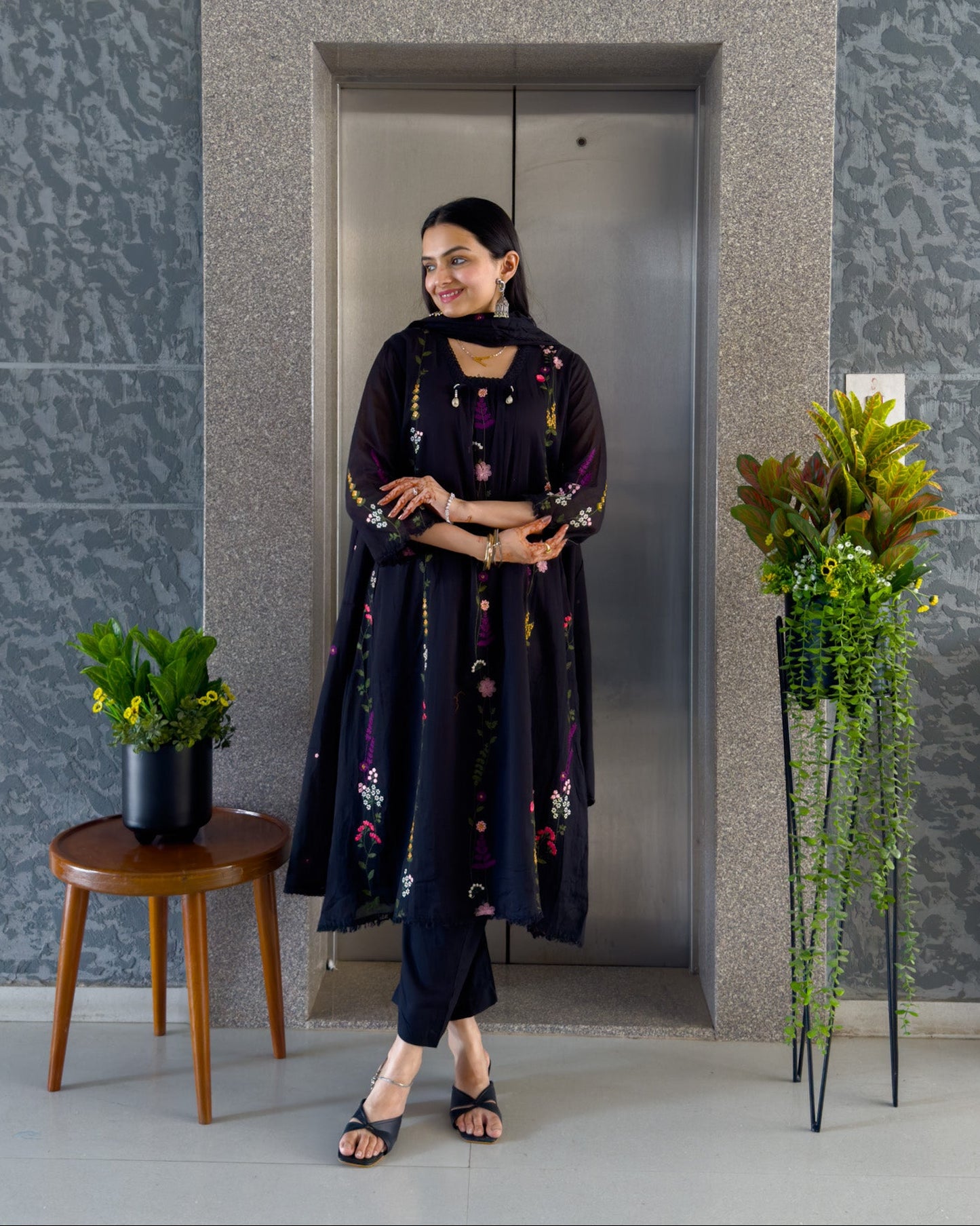 Black Mal Cotton Kurta Pant Set with Dupatta
