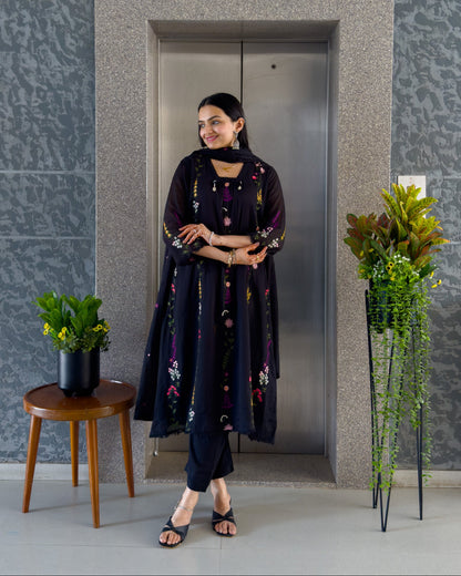 Black Mal Cotton Kurta Pant Set with Dupatta