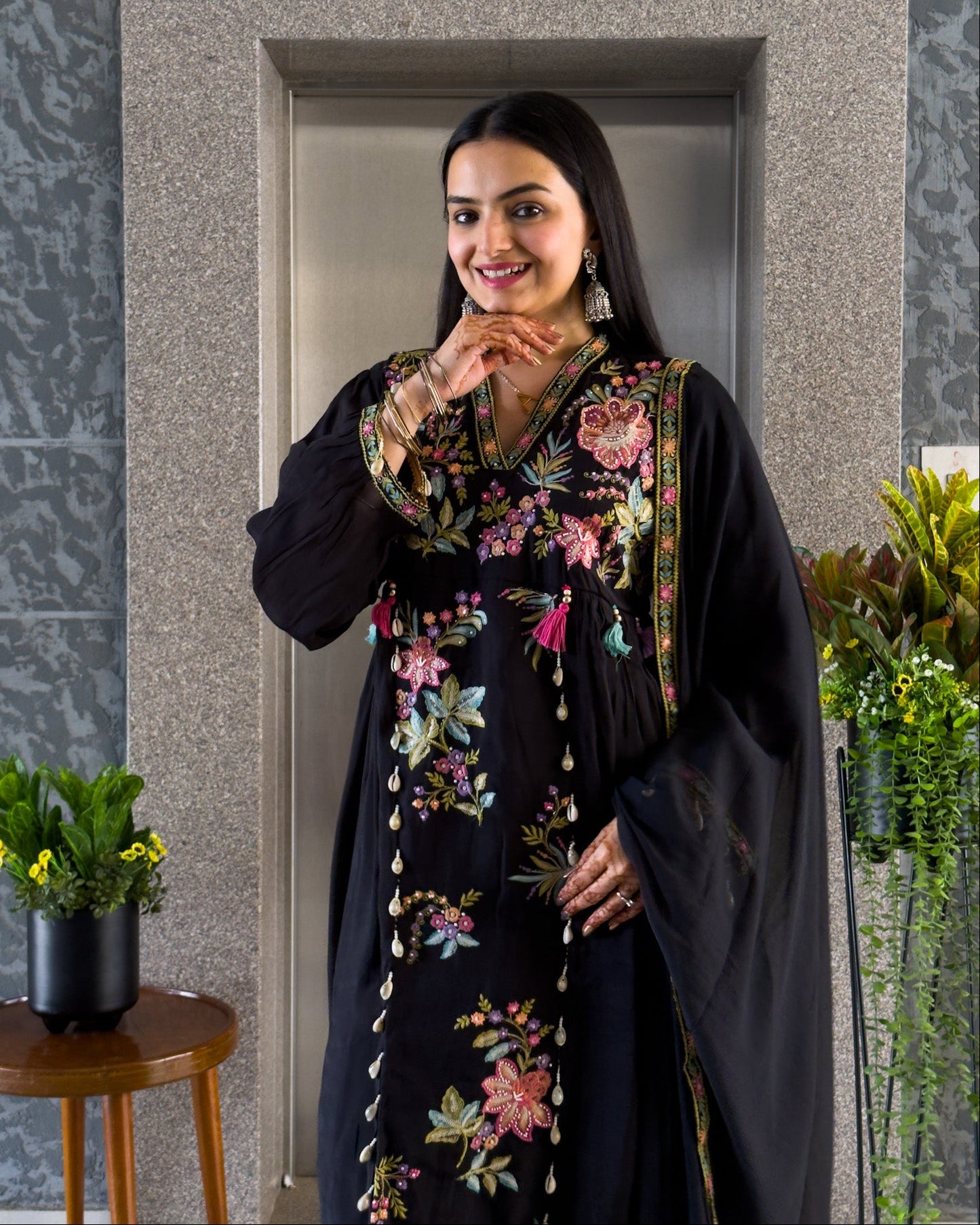 Black Maslin Round Kurta Pant Set with Dupatta