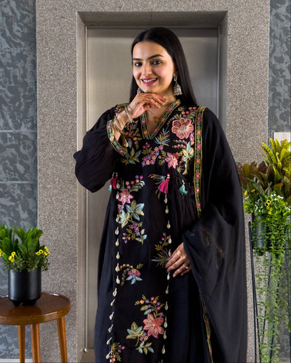 Black Maslin Round Kurta Pant Set with Dupatta