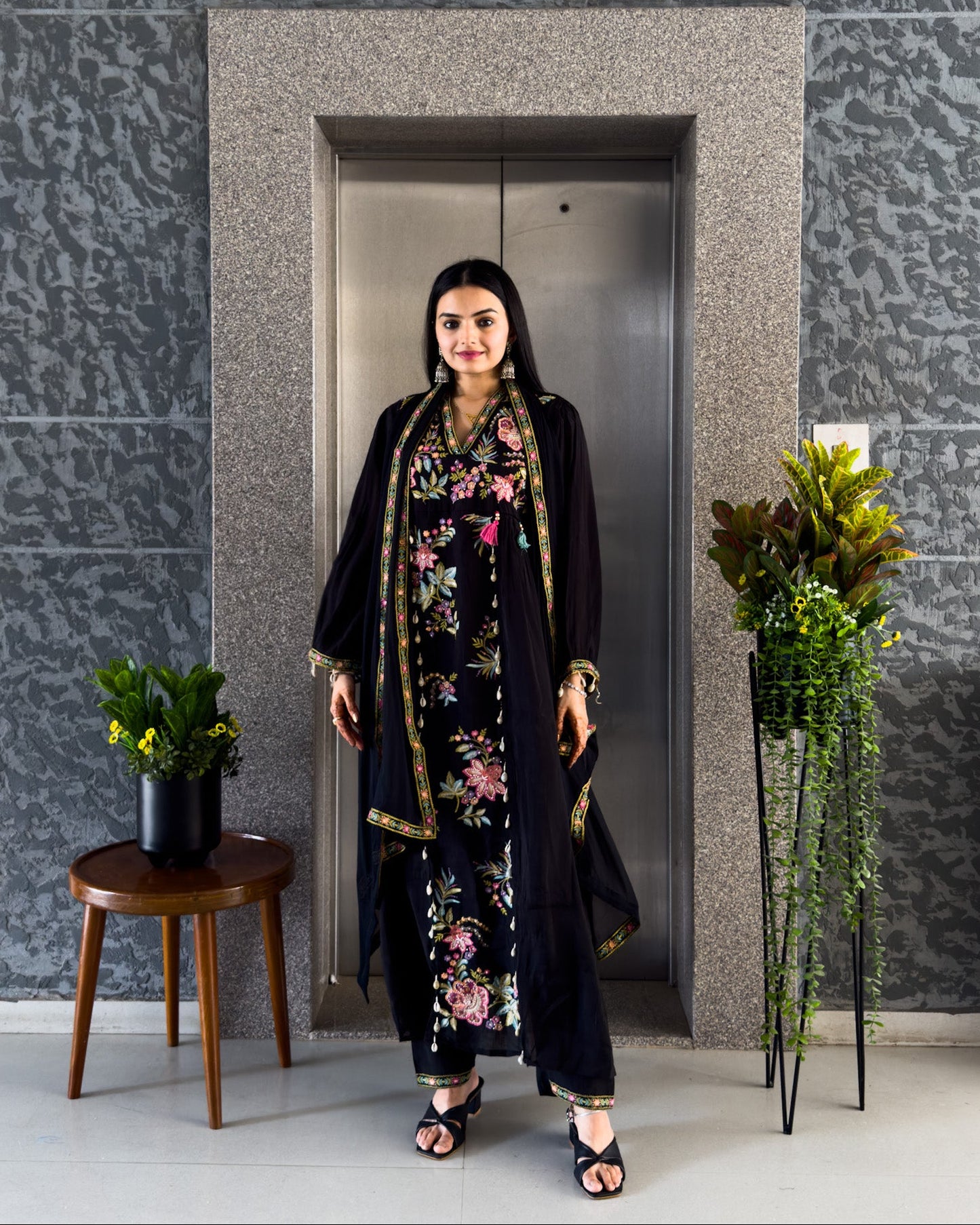 Black Maslin Round Kurta Pant Set with Dupatta