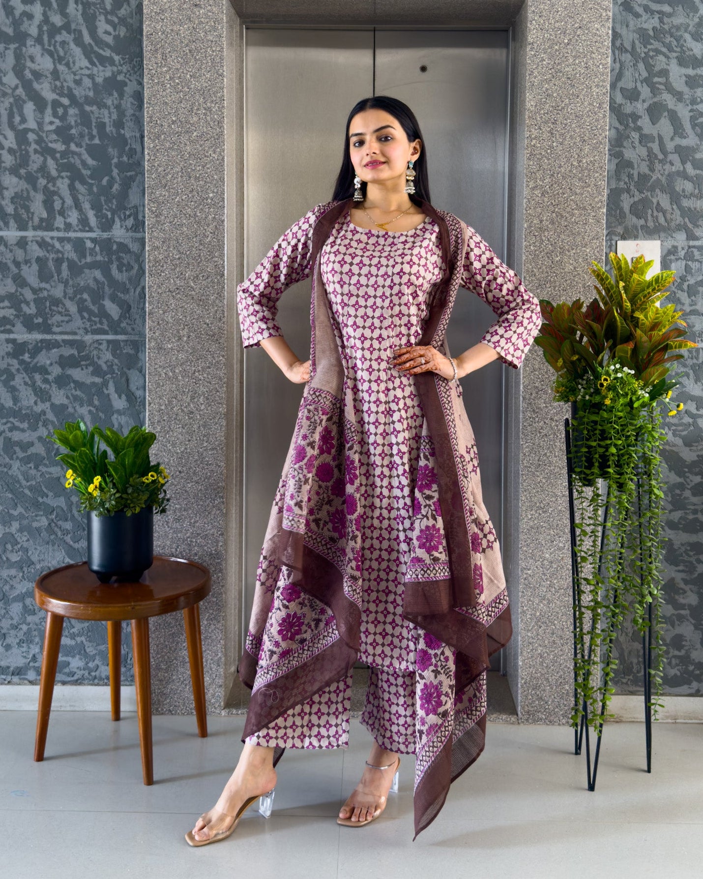 Purple Printed Round Kurta Palazzo Set with Strug