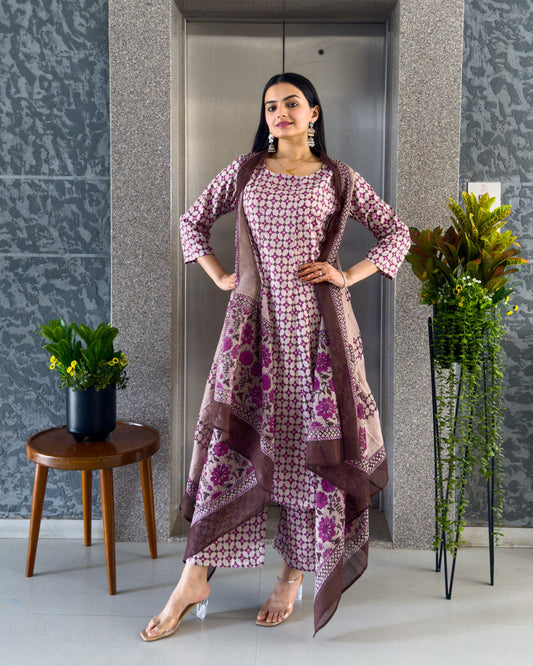 Purple Printed Round Kurta Palazzo Set with Strug