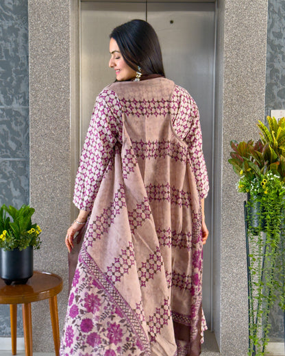 Purple Printed Round Kurta Palazzo Set with Strug