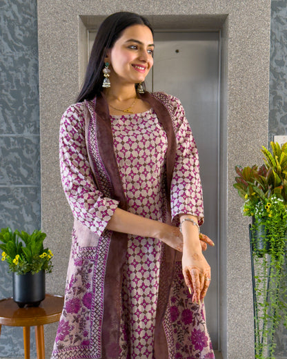 Purple Printed Round Kurta Palazzo Set with Strug