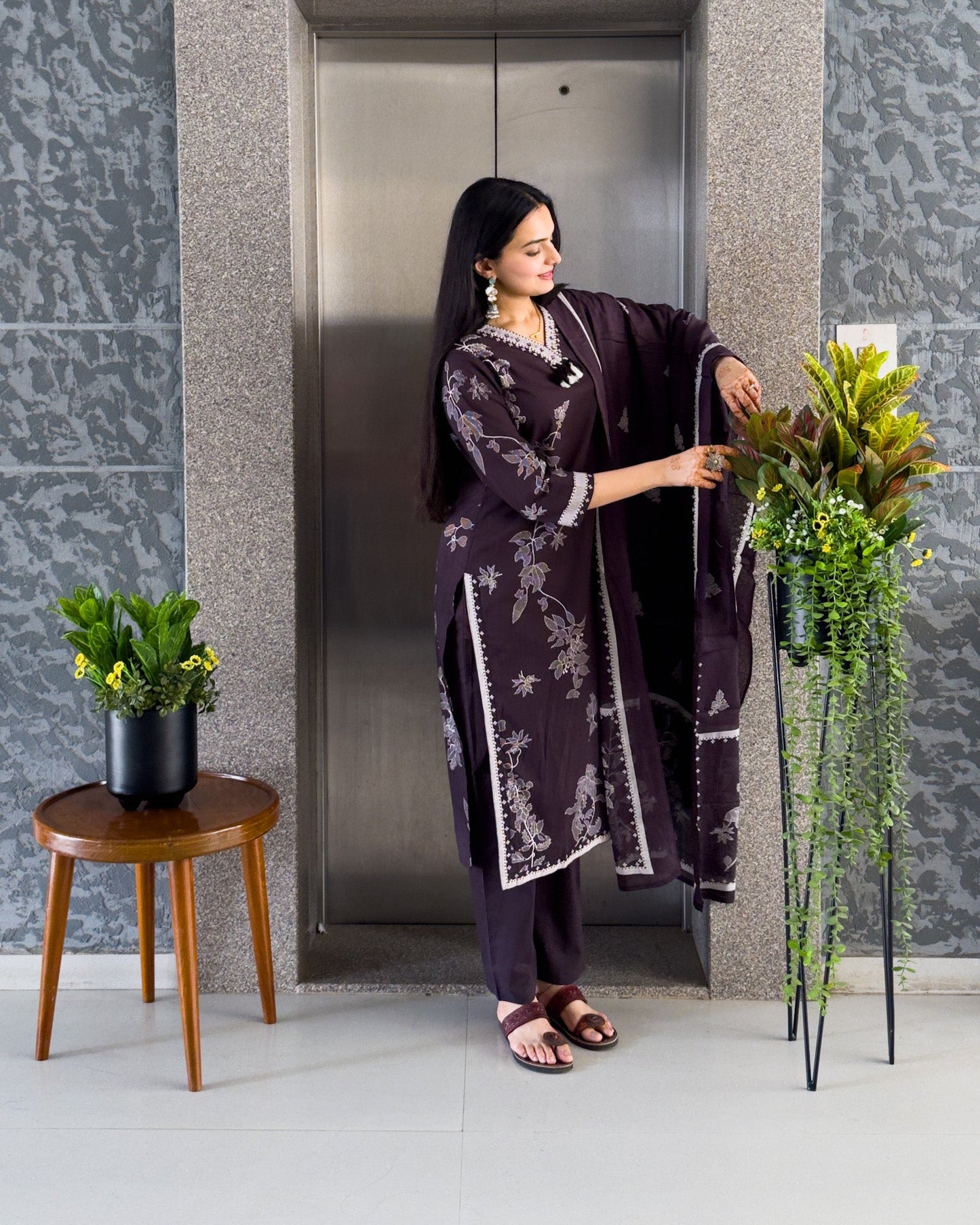 Dark Wine Straight Kurta Pant Set with Dupatta