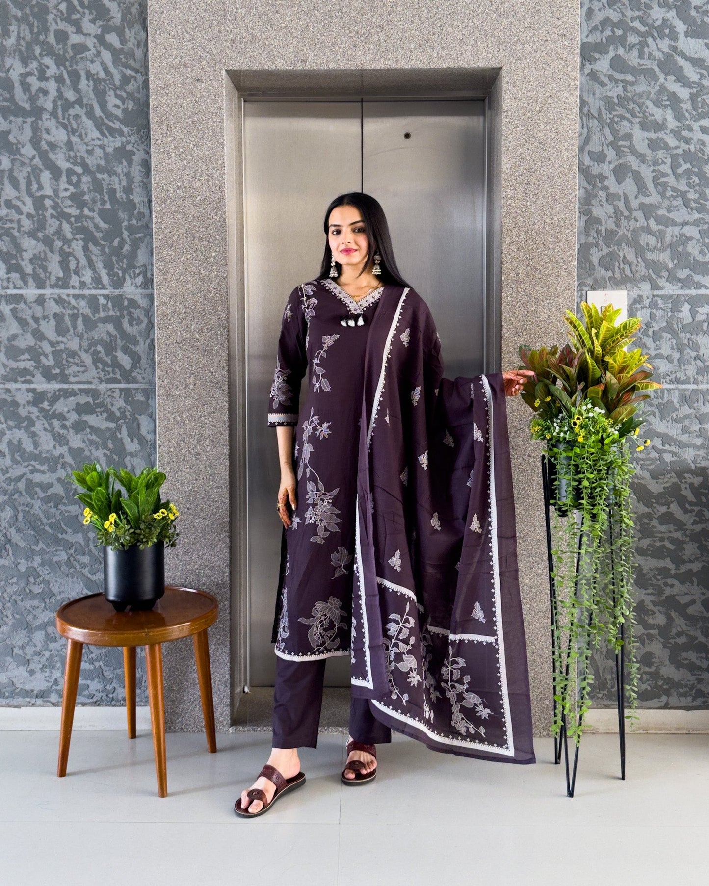 Dark Wine Straight Kurta Pant Set with Dupatta