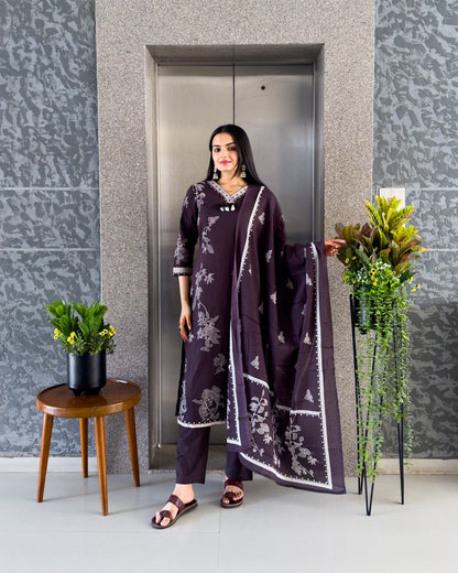 Dark Wine Straight Kurta Pant Set with Dupatta