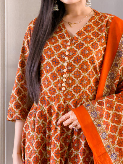 Rust Anarkali Kurta Palazzo Set with Dupatta