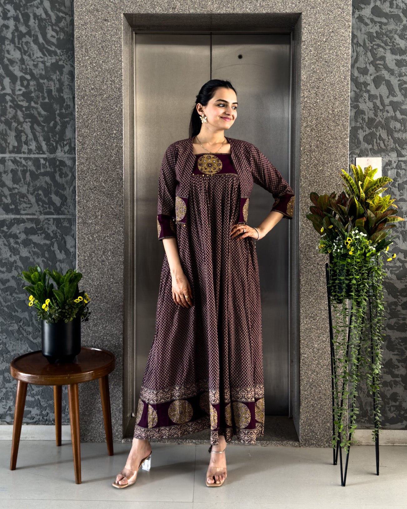 Wine Cotton Gown With Jacket Gown For Girls