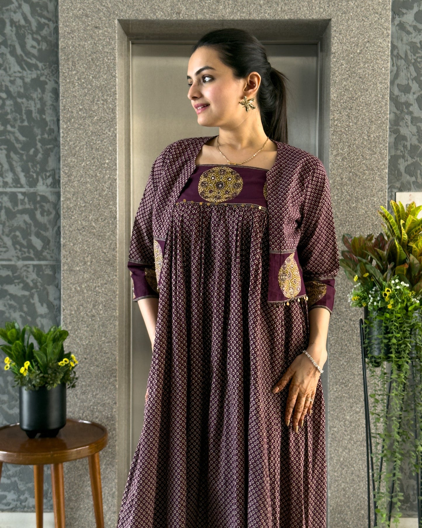 Wine Cotton Gown With Jacket Gown For Girls