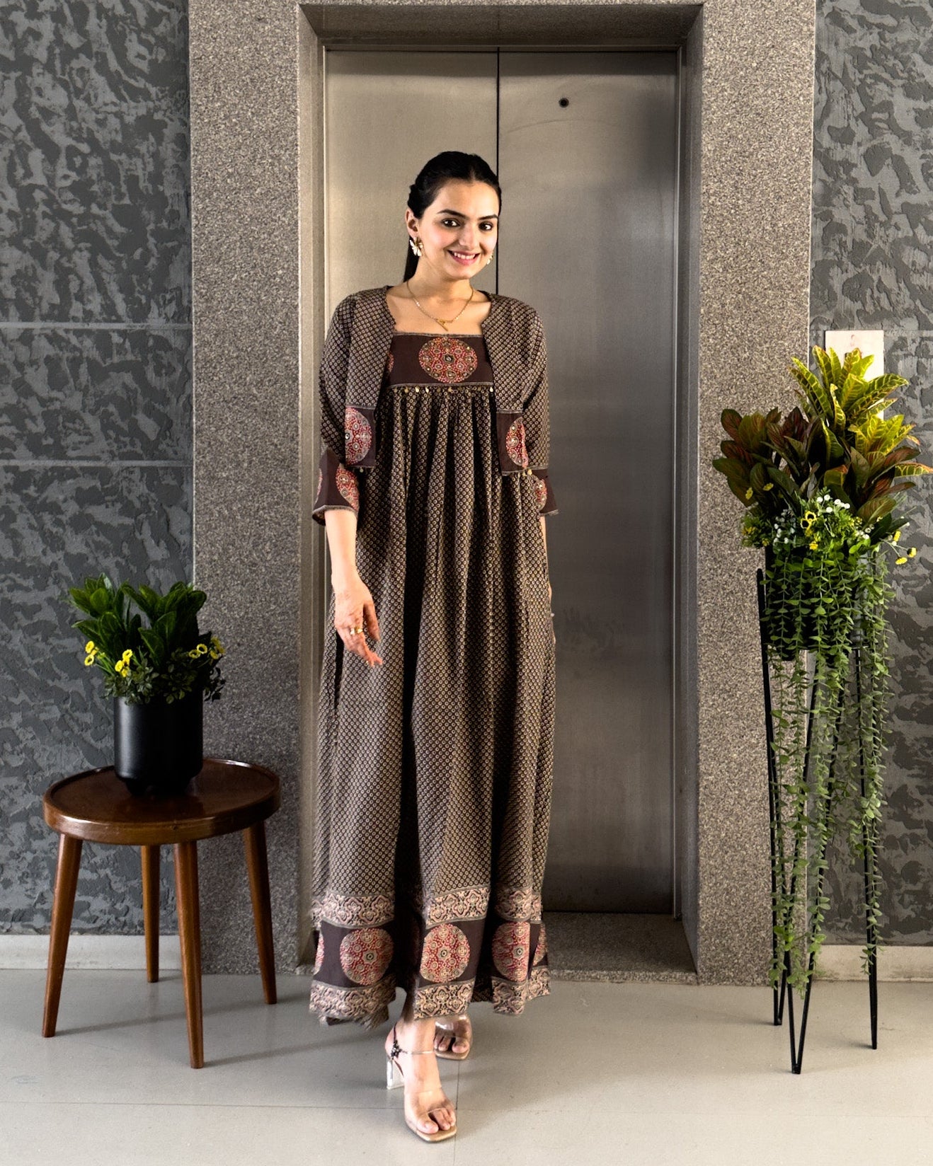 Coffee Cotton Gown With Jacket Gown For Girls