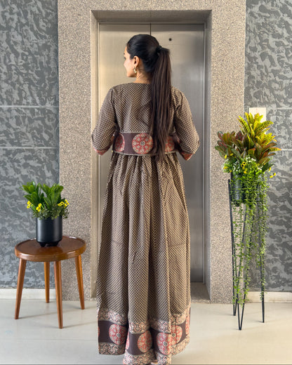 Coffee Cotton Gown With Jacket Gown For Girls