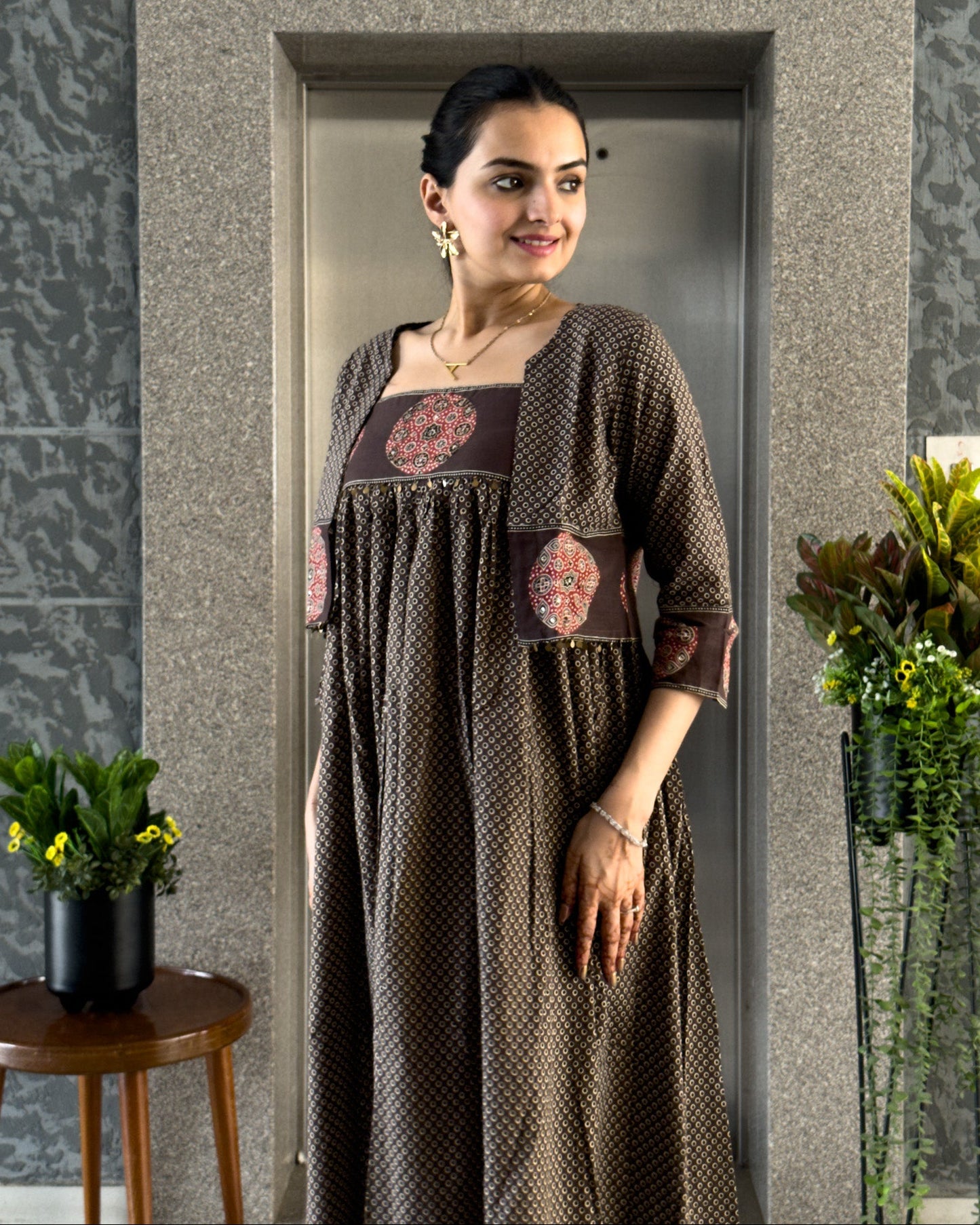 Coffee Cotton Gown With Jacket Gown For Girls