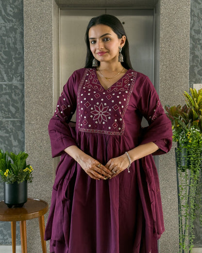 Wine Round Kurta Pant Set with Dupatta