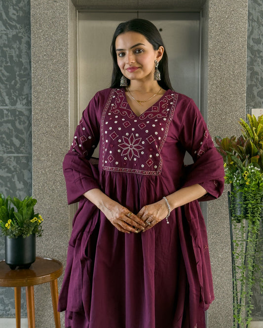 Wine Round Kurta Pant Set with Dupatta