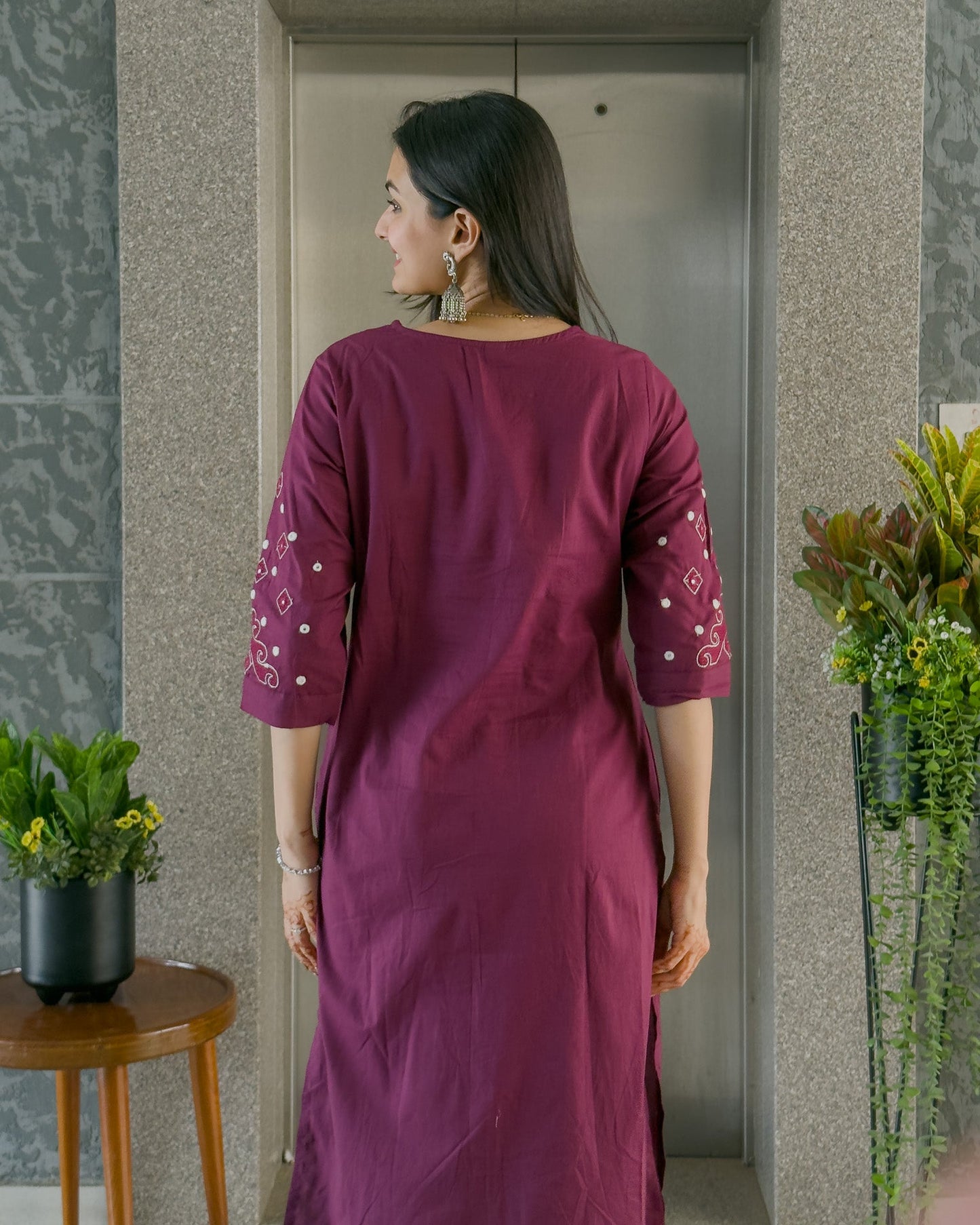 Wine Round Kurta Pant Set with Dupatta