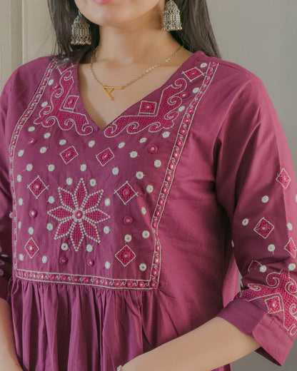 Wine Round Kurta Pant Set with Dupatta