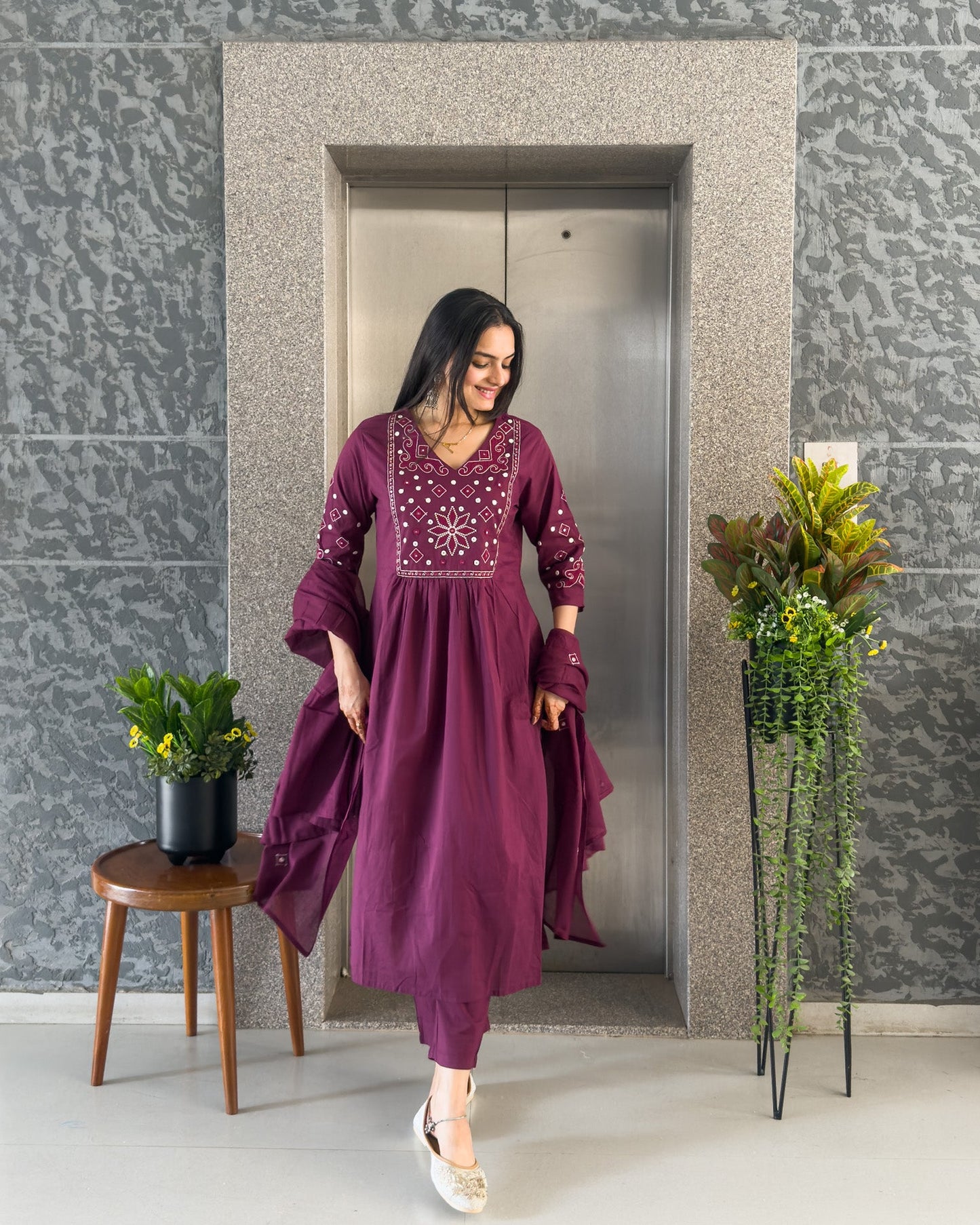 Wine Round Kurta Pant Set with Dupatta