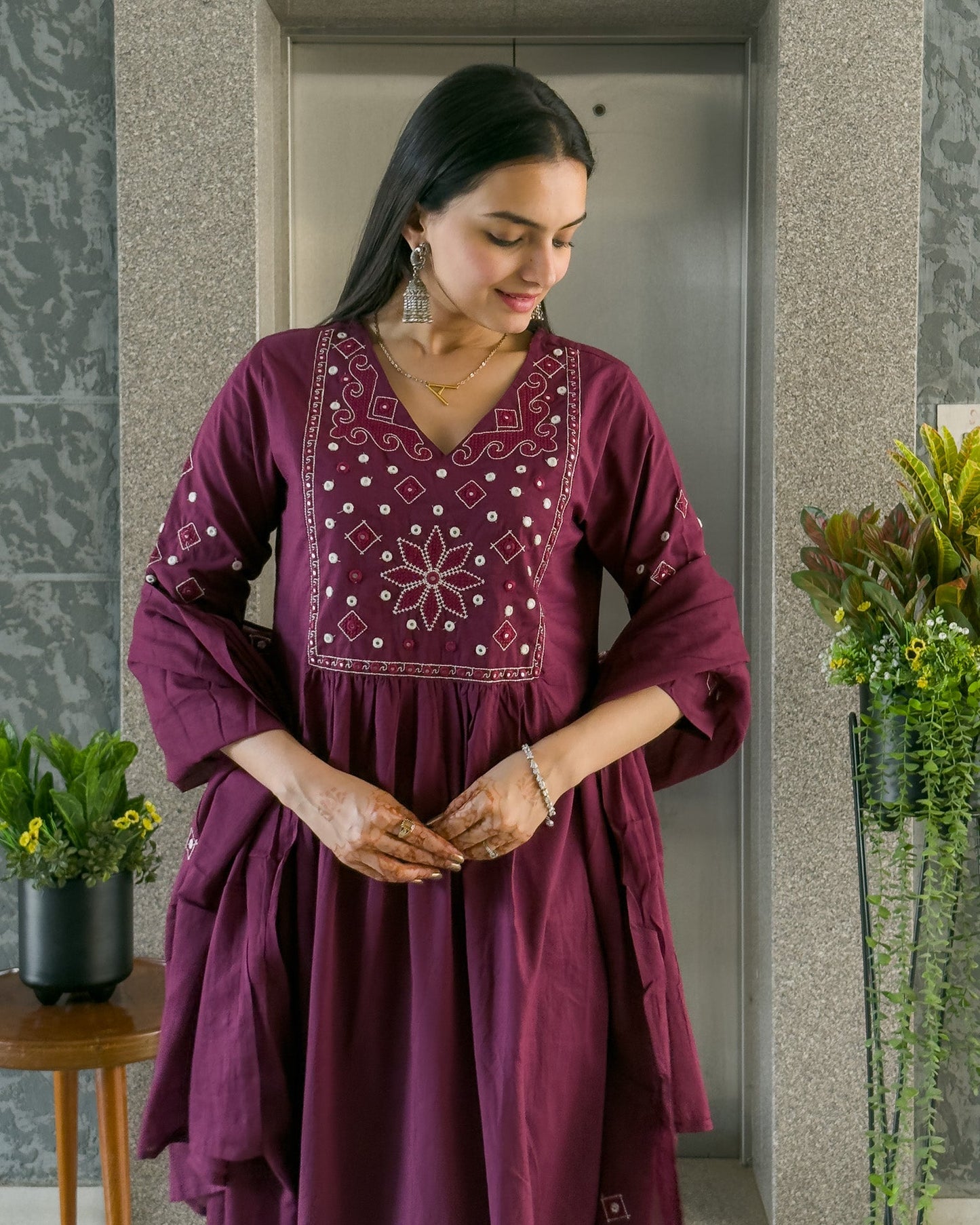 Wine Round Kurta Pant Set with Dupatta