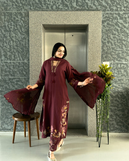 Wine Straight Kurta Pant Set with Dupatta