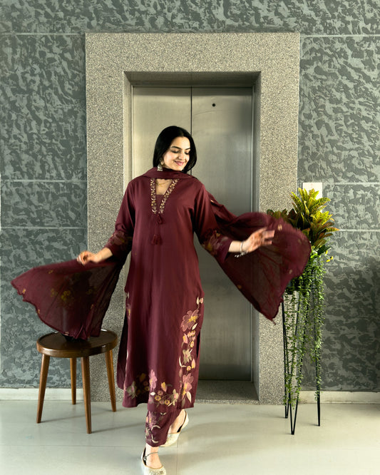 Wine Straight Kurta Pant Set with Dupatta