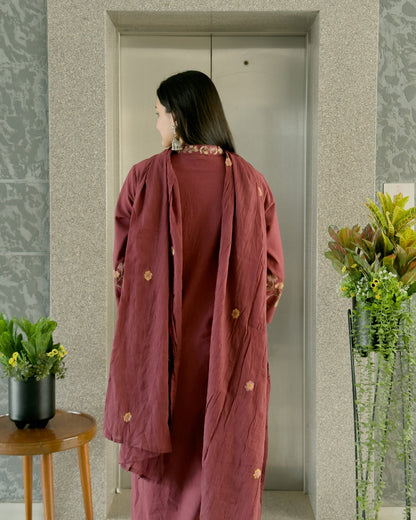 Wine Straight Kurta Pant Set with Dupatta