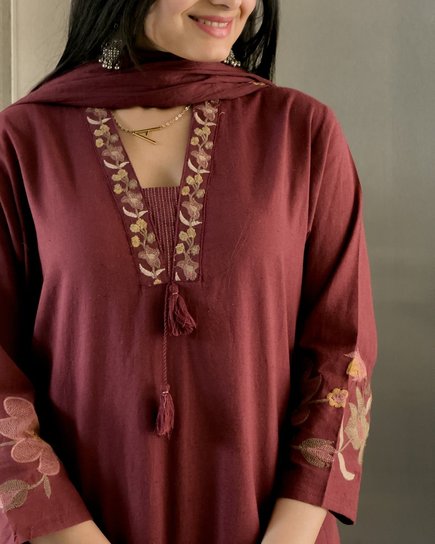 Wine Straight Kurta Pant Set with Dupatta