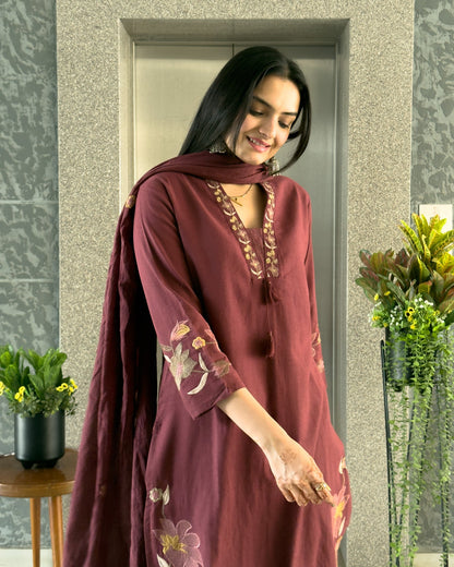 Wine Straight Kurta Pant Set with Dupatta