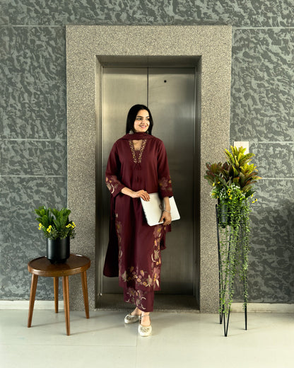 Wine Straight Kurta Pant Set with Dupatta
