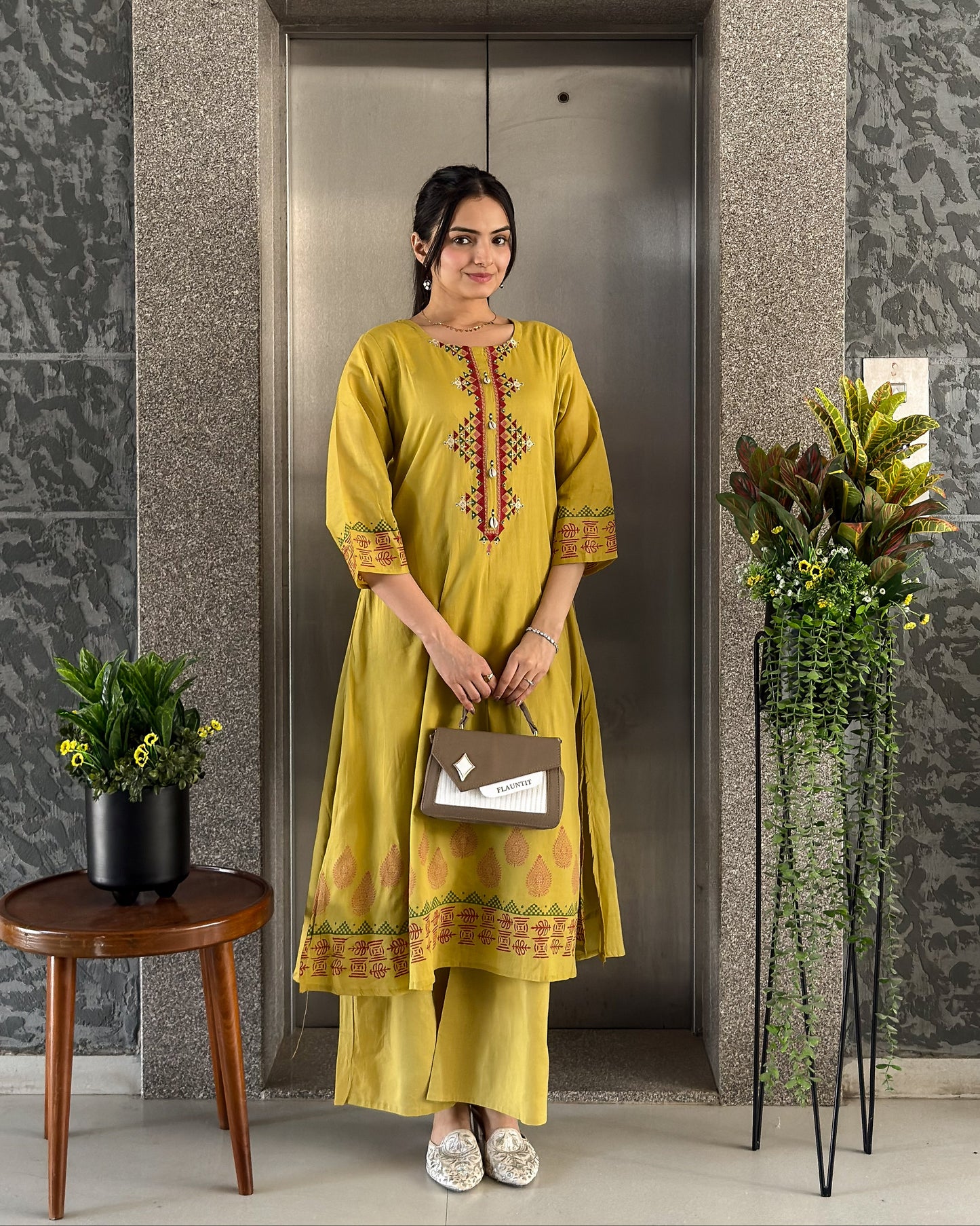 Olive A-Line Kurta Palazzo Set For Women